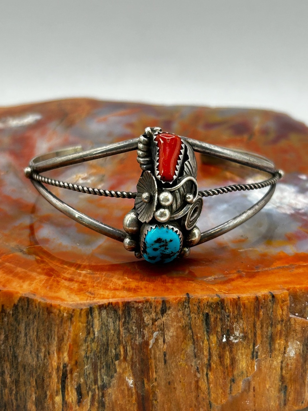 Southwest Sterling Silver Bangle with Turquoise and Coral Stones